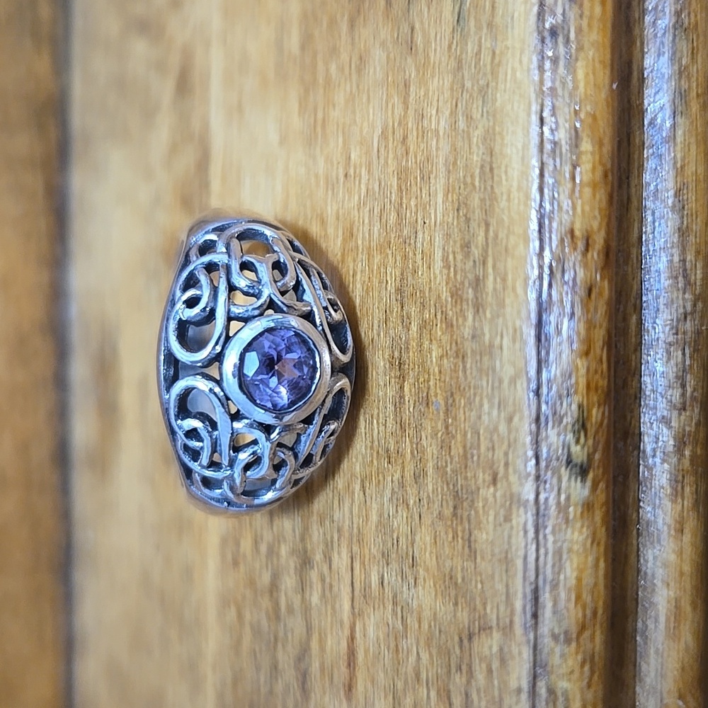 Sterling Silver Amethyst Openwork Domed Ring Size 6.5